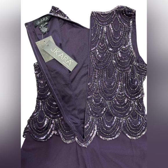 J Kara NWT Dress Plum Formal Gown Beaded Sleeveless Flowing Maxi Size 8P - Picture 7 of 12